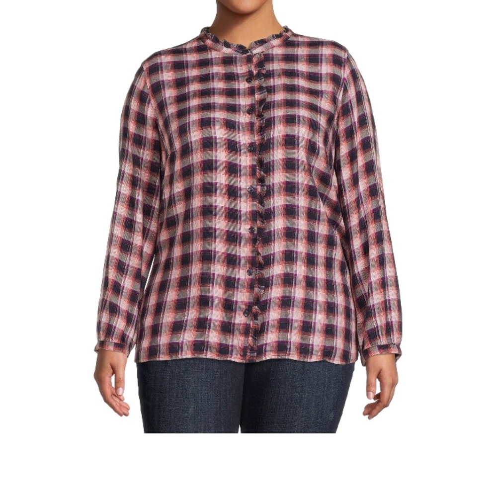 Terra & Sky Women’s Plus Size Ruffle Plaid Woven Long Sleeve Top